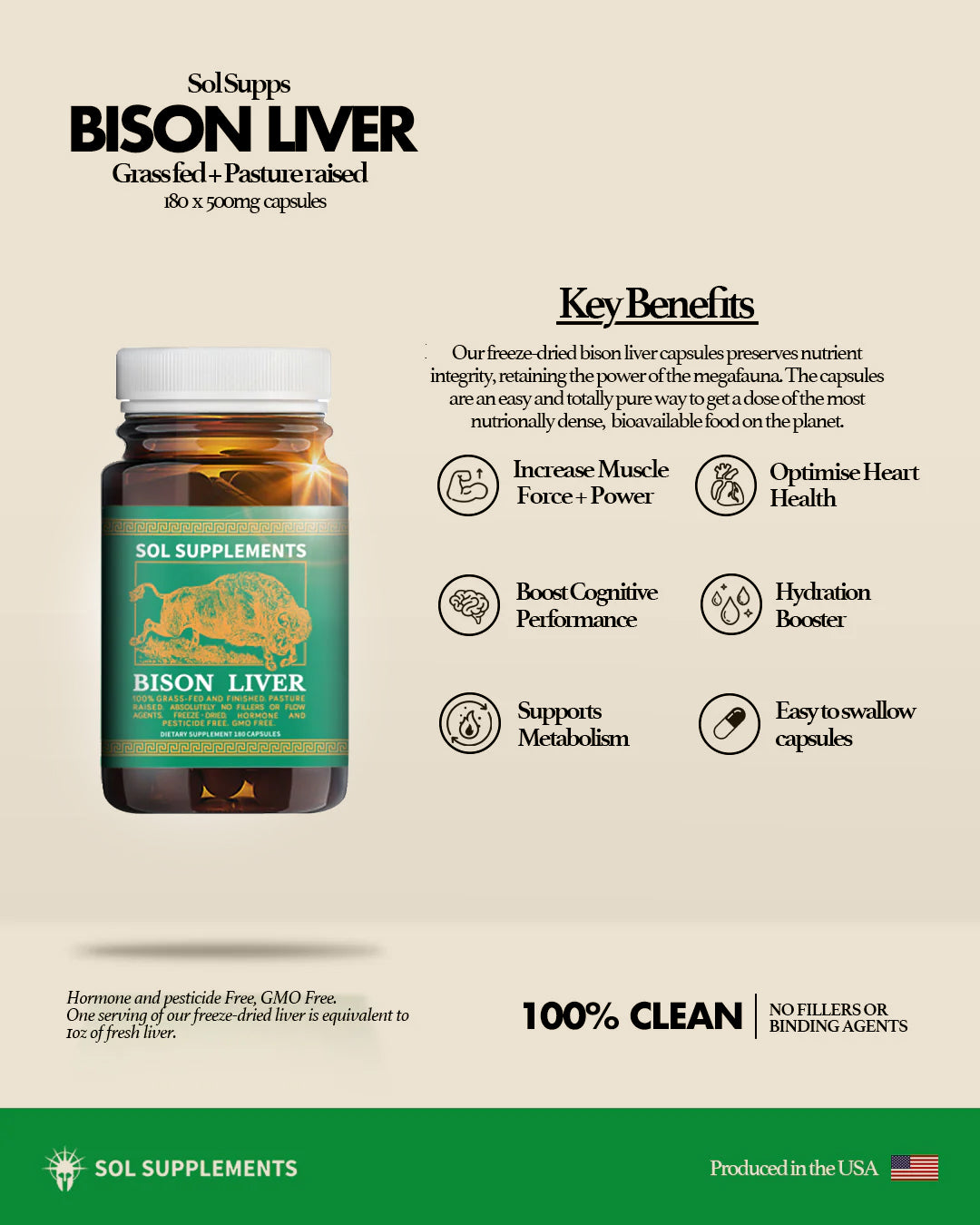 100% Grass Fed + Finished, Pasture Raised, Freeze-Dried Bison Liver Capsules